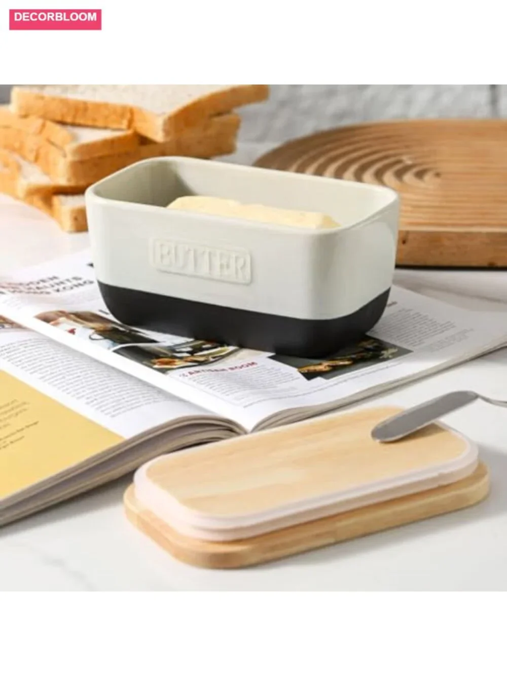 Ceramic Butter Dish with Wooden Lid Airtight Keeper Farmhouse